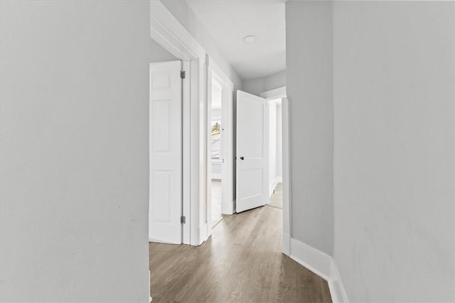 hall with baseboards and wood finished floors