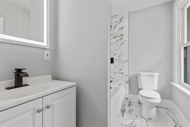 full bathroom featuring baseboards, toilet, marble finish floor, bathtub / shower combination, and vanity