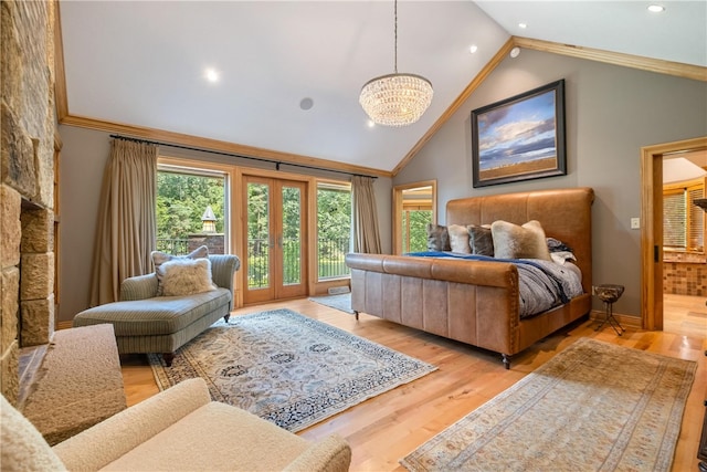 bedroom featuring light hardwood / wood-style flooring, a chandelier, ornamental molding, high vaulted ceiling, and access to outside