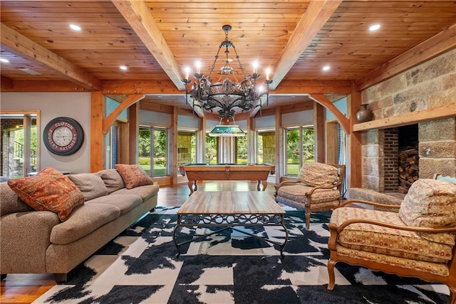 living room featuring wooden ceiling, beamed ceiling, and wood-type flooring