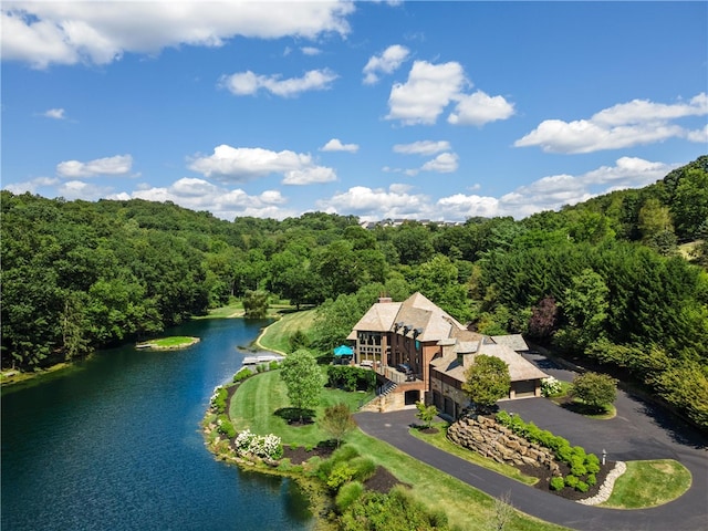 drone / aerial view with a water view