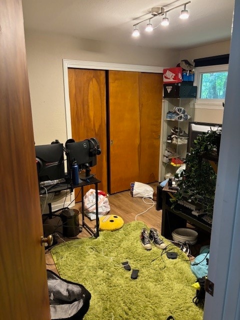 bedroom featuring rail lighting, a closet, and wood-type flooring