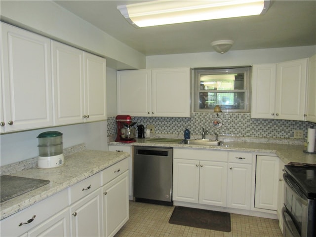 kitchen with white cabinets, sink, tasteful backsplash, black electric range, and dishwasher