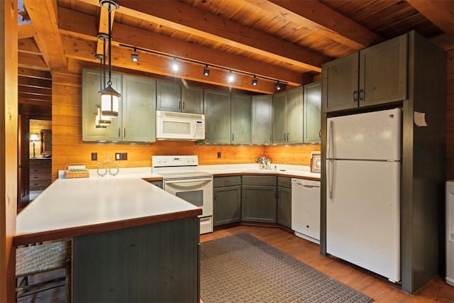 kitchen with wood ceiling, hanging light fixtures, hardwood / wood-style floors, kitchen peninsula, and white appliances