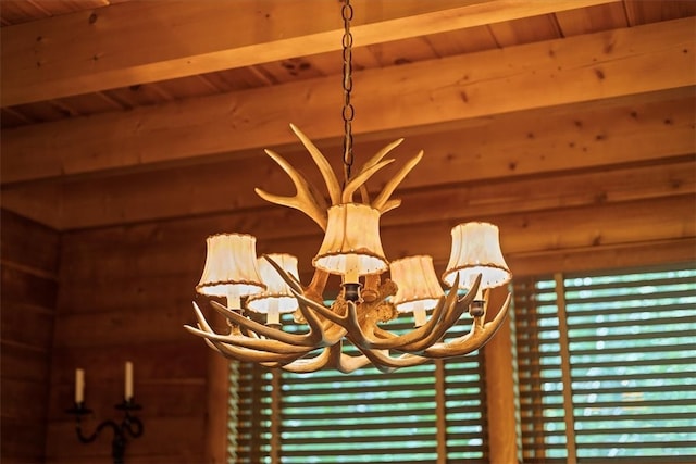 room details featuring wood ceiling, beam ceiling, and a chandelier