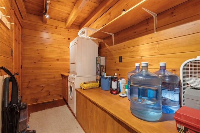 00 Alexander Rd, Brady Twp But, PA 16057 - laundry room featuring stacked washer / dryer, wooden walls, and wooden ceiling