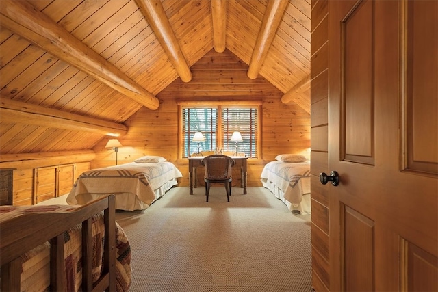 carpeted bedroom featuring vaulted ceiling with beams and wooden ceiling