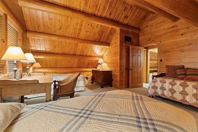 carpeted bedroom featuring rustic walls, vaulted ceiling with beams, and wooden ceiling