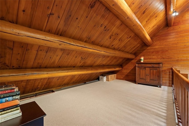 bonus room with wood walls, vaulted ceiling with beams, wooden ceiling, and carpet