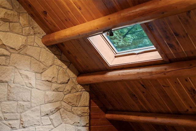 details with beam ceiling, a skylight, and wooden ceiling