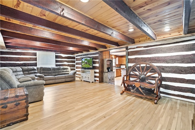 living room featuring light hardwood / wood-style floors, beam ceiling, wood ceiling, and wooden walls