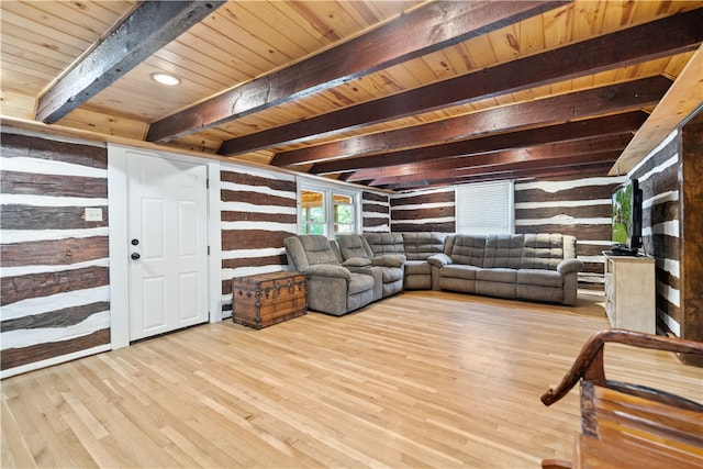 unfurnished living room featuring beam ceiling, light hardwood / wood-style floors, and wooden ceiling