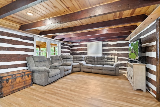 living room featuring wood ceiling, beam ceiling, and light hardwood / wood-style floors