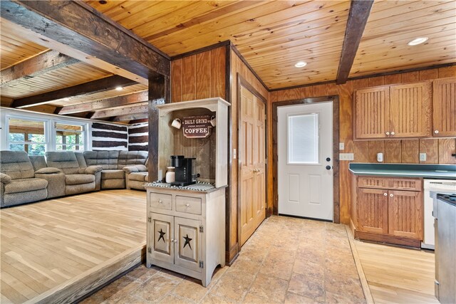 kitchen featuring wood walls, light hardwood / wood-style floors, stainless steel dishwasher, beamed ceiling, and wooden ceiling