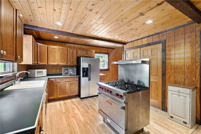 kitchen with light wood-type flooring, wood walls, appliances with stainless steel finishes, wooden ceiling, and sink