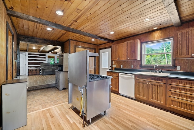 kitchen with beam ceiling, wooden ceiling, white dishwasher, and light hardwood / wood-style flooring