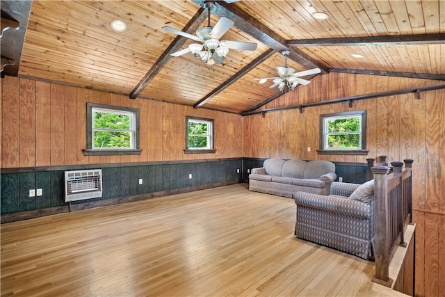 living room featuring vaulted ceiling with beams, wooden walls, light hardwood / wood-style flooring, and wooden ceiling