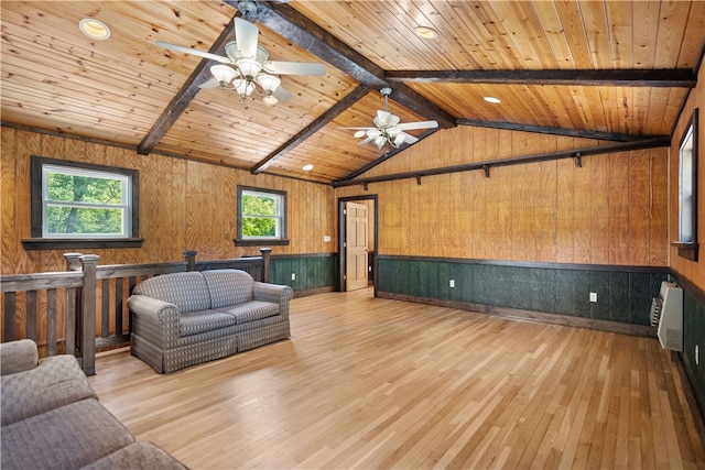 unfurnished living room featuring lofted ceiling with beams, wood ceiling, ceiling fan, and wooden walls