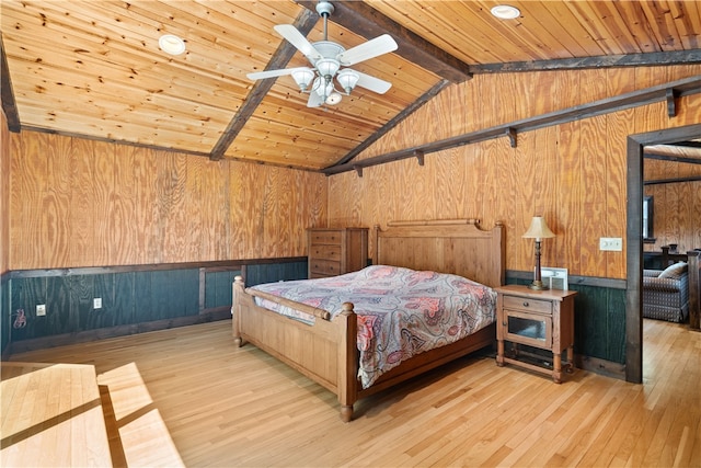 bedroom featuring wood walls, light hardwood / wood-style flooring, vaulted ceiling with beams, wood ceiling, and ceiling fan