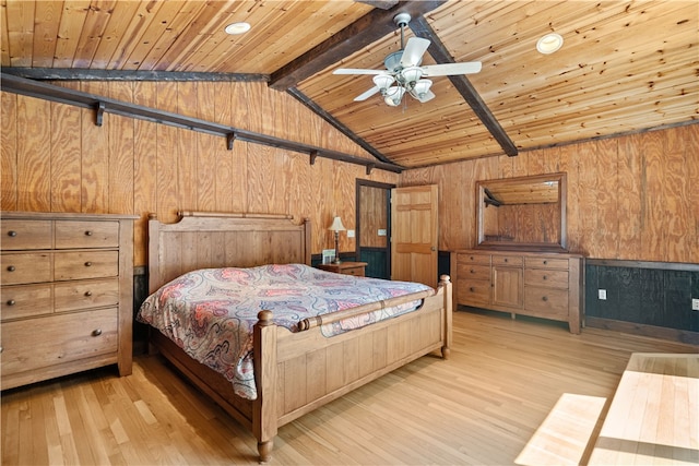 bedroom with wood walls, lofted ceiling with beams, wood ceiling, and light wood-type flooring