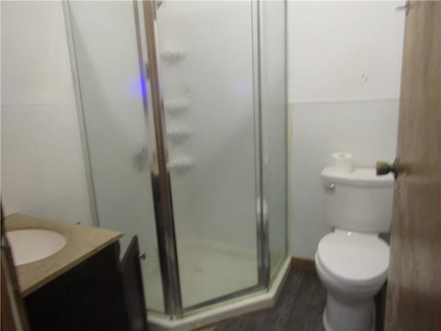 113 E Church Ave, Masontown, PA 15425 - bathroom featuring toilet, a shower stall, wood finished floors, and vanity