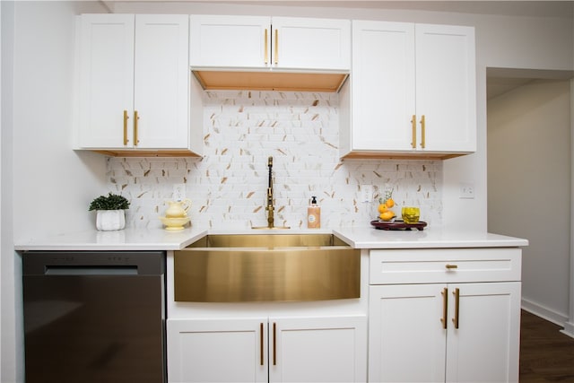 kitchen featuring white cabinetry, backsplash, wood-type flooring, and dishwasher