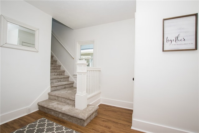 staircase with hardwood / wood-style floors