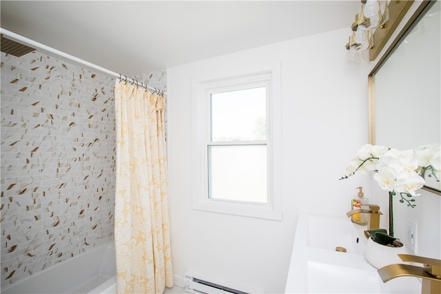 bathroom with shower / bath combination with curtain and a baseboard heating unit