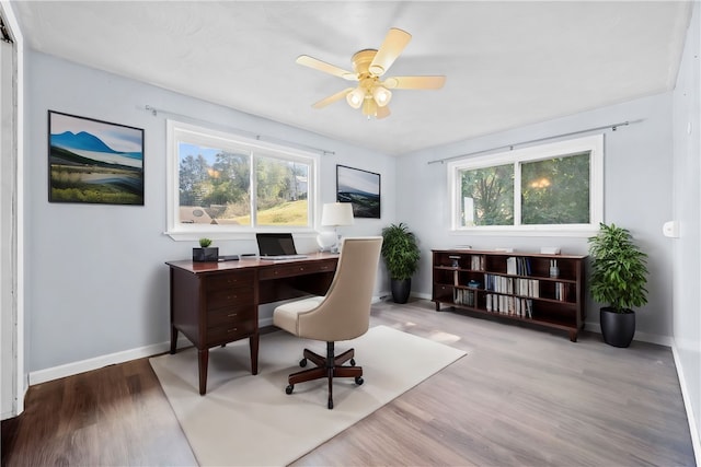 home office featuring light wood-type flooring and ceiling fan