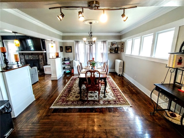 dining area with dark hardwood / wood-style floors, a chandelier, radiator, rail lighting, and crown molding