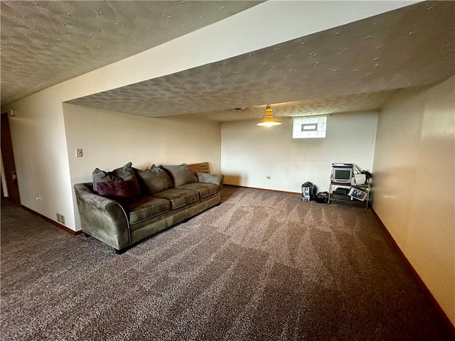 living room with carpet and a textured ceiling