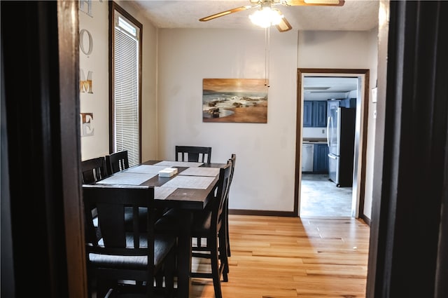 dining area featuring ceiling fan and light wood-type flooring