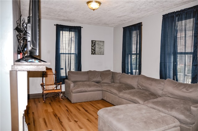 living room featuring a textured ceiling and light wood-type flooring