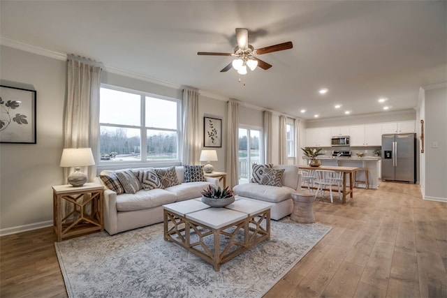 living room featuring ornamental molding, light wood-type flooring, and ceiling fan