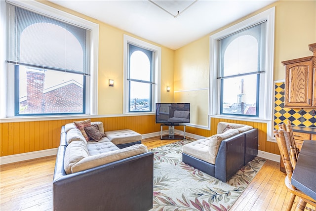 living room featuring a wealth of natural light and light hardwood / wood-style floors