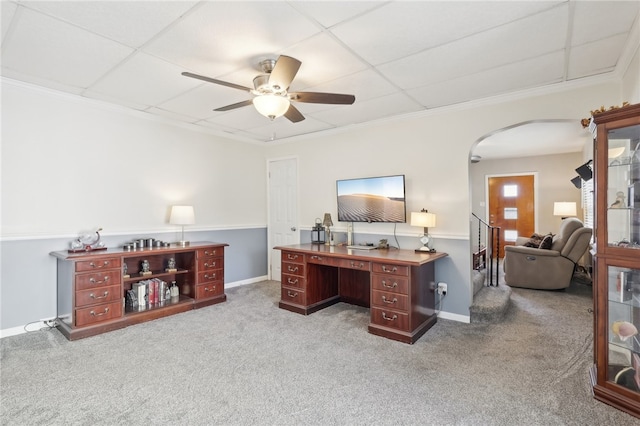 office with ceiling fan, carpet floors, crown molding, and a drop ceiling