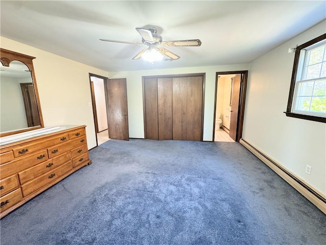 unfurnished bedroom with light colored carpet, ensuite bath, baseboard heating, and ceiling fan