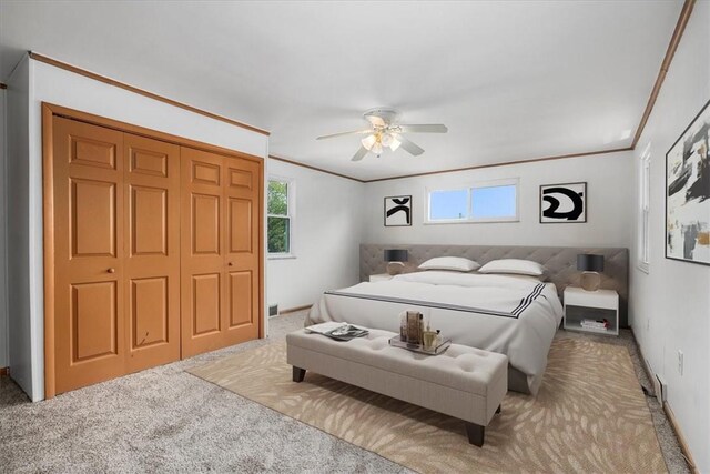 bedroom with carpet floors, crown molding, ceiling fan, and a closet