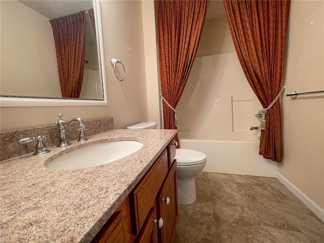 full bathroom with tile patterned flooring, shower / bath combination with curtain, toilet, and vanity