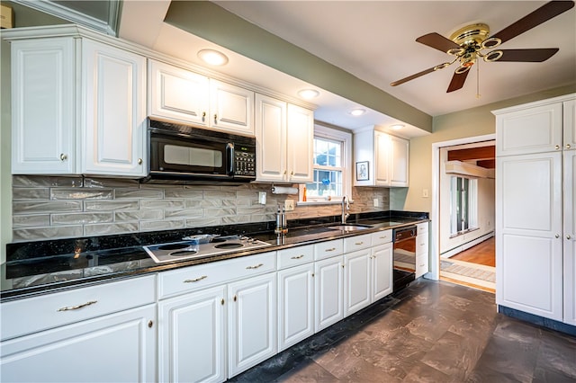 kitchen featuring white cabinets, black appliances, ceiling fan, and sink