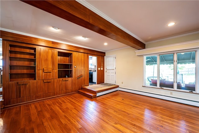 interior space featuring beamed ceiling, hardwood / wood-style flooring, and crown molding