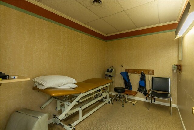 misc room with crown molding, a paneled ceiling, and carpet