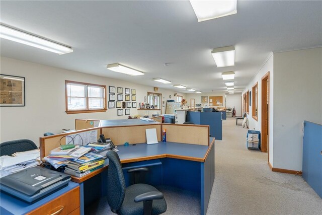 carpeted office with built in desk