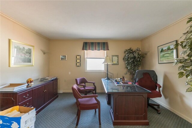 carpeted office space with crown molding