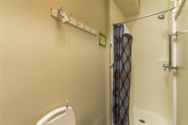 bathroom with a shower with shower curtain