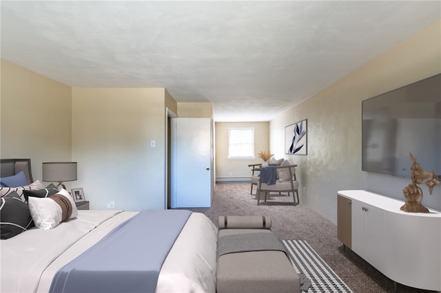 carpeted bedroom featuring a baseboard radiator