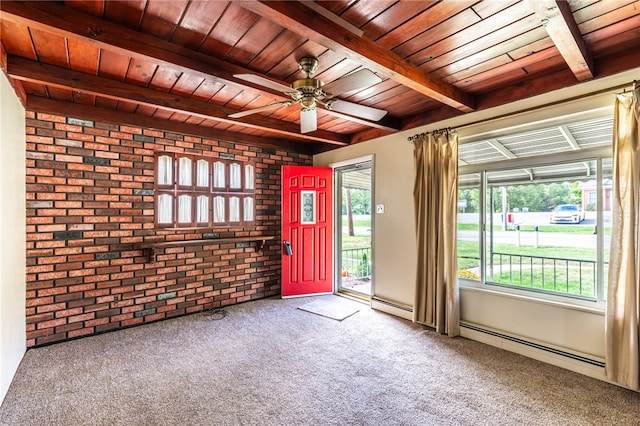 interior space featuring wood ceiling, brick wall, carpet, and a baseboard radiator