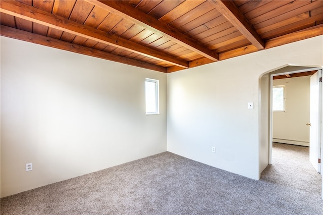 carpeted spare room featuring wooden ceiling, baseboard heating, a wealth of natural light, and beam ceiling