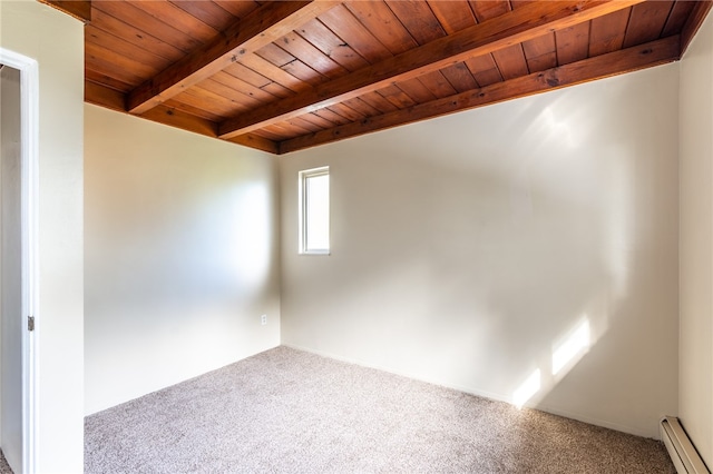 empty room with wood ceiling, baseboard heating, beamed ceiling, and carpet floors