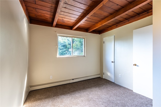 empty room with wood ceiling, carpet flooring, baseboard heating, and beamed ceiling